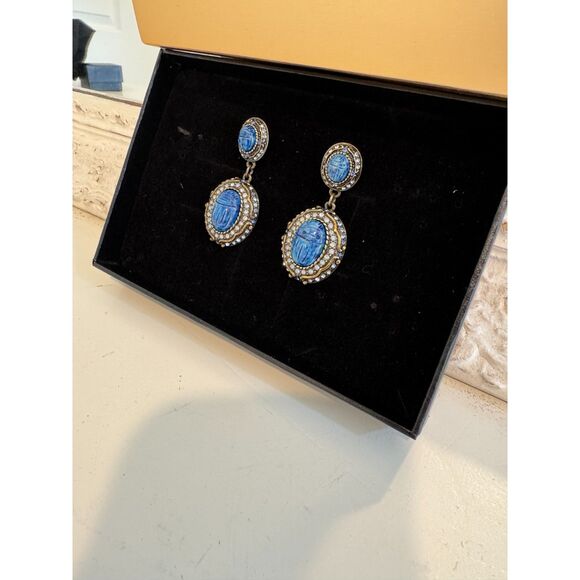 Heidi Daus Sparkling Scarab Carved Blue Stone & Crystal Drop Earrings - Picture 2 of 7